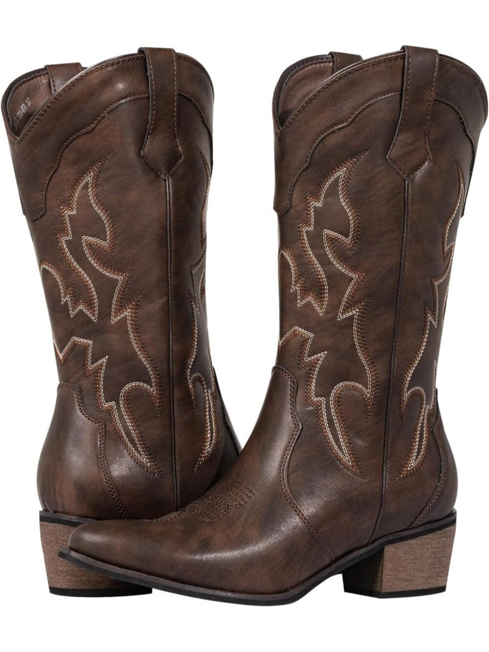 Women's Boots Snip Toe Cowgirl Shoes Brown Wide Calf Chunky Heel Embroidered
